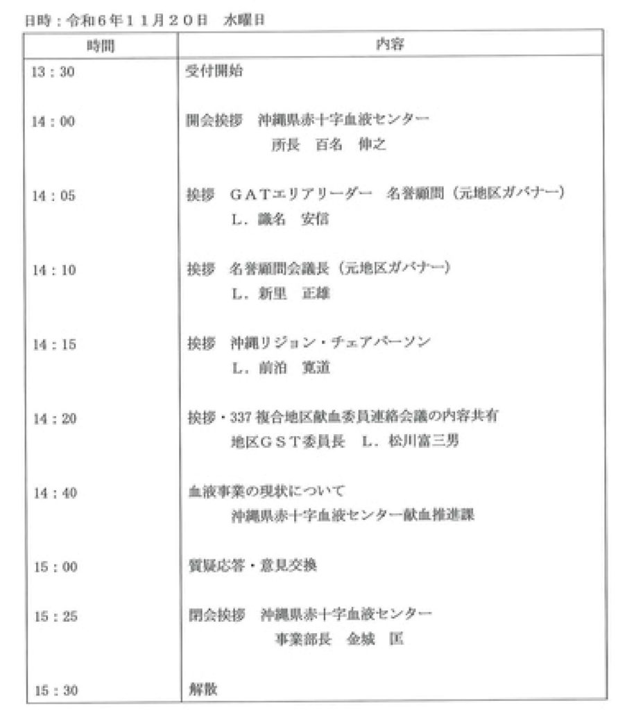 糸満白銀ライオンズクラブ_2024年11月第1例会式次第_献血推進セミナー