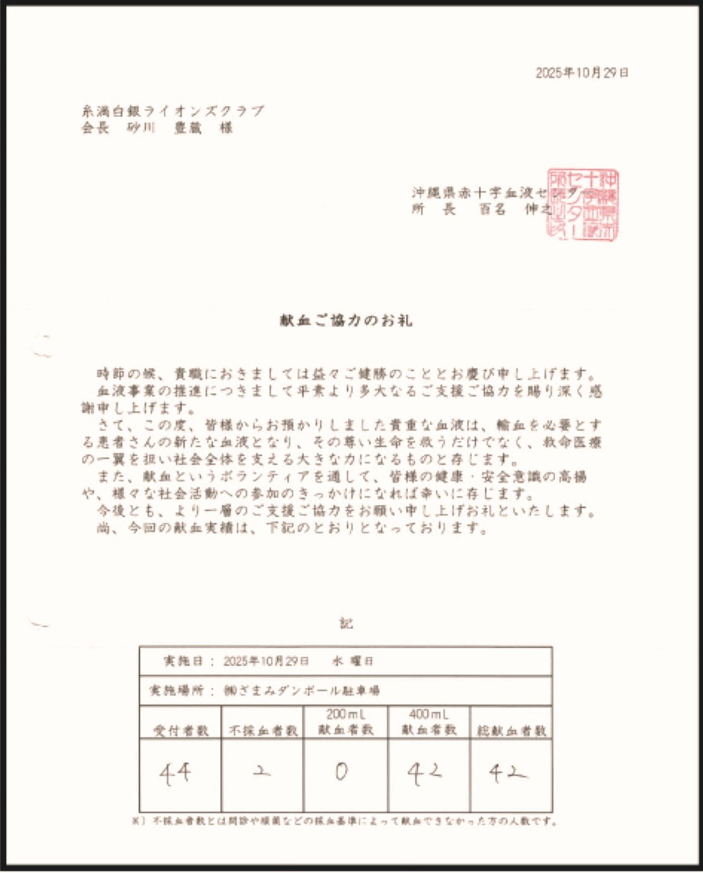 糸満白銀ライオンズクラブ_2025年11月第1例会03_献血のお礼